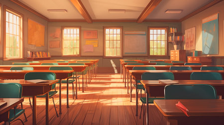 interior of modern school classroom with empty chairs and books in the classroomの素材