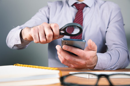 man looking at the phone with a magnifying glass .の写真素材