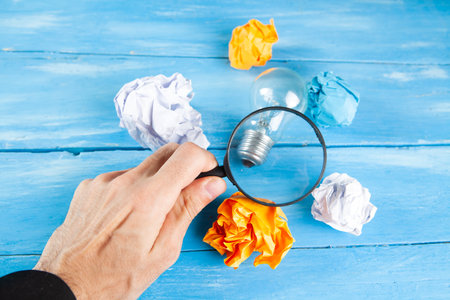 concept search for idea on wooden blue backgroundの写真素材