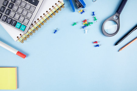 school supplies on the blue table