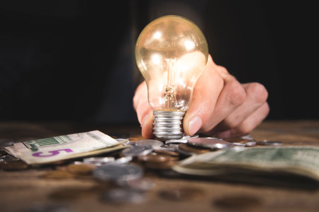 holding a glowing lamp on coins on a wooden backgroundの写真素材