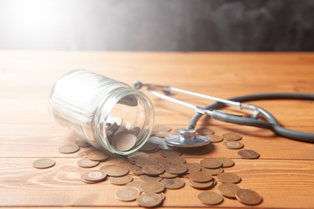 stethoscope on coins pouring from a glass bottle on a tableの写真素材