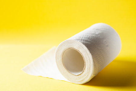 toilet paper on yellow backgroundの写真素材