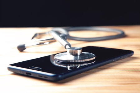 stethoscope on the phone on a wooden tableの写真素材