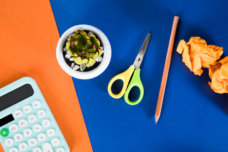 on the table a calculator, a pot with a plant and scissors. desktop conceptの写真素材
