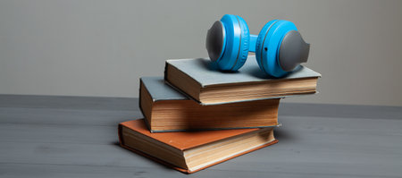audiobook concept. books and headphones on wooden the table