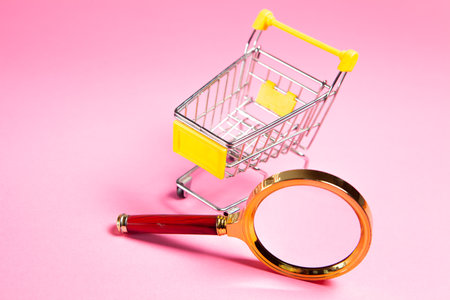 trolley and magnifier on a pink background. shopping search conceptの写真素材