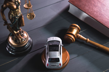 statue of justice, gavel and car on a wooden background. trialの写真素材