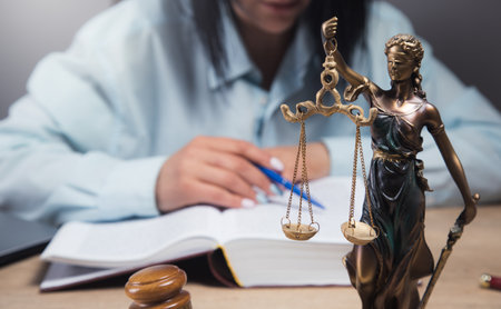 the judge sits in front of the gavel and statues of justice