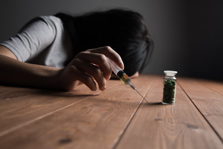 the addict holds a syringe and pills in a vessel on the tableの写真素材