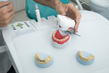 the dentist holds a mock jaw in his handの写真素材