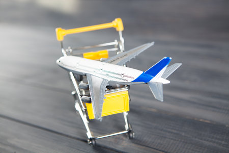 the plane in the basket. airline ticket purchase concept on gray wooden background
