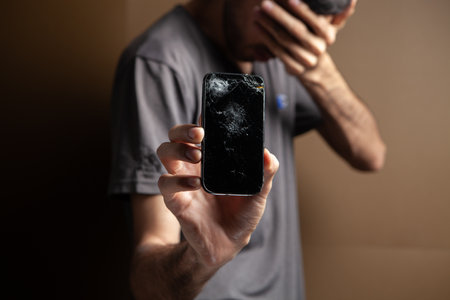 man showing broken phone screen on brown backgroundの写真素材