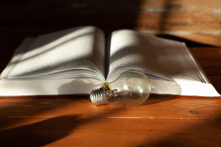light bulb and book on the table. new ideas