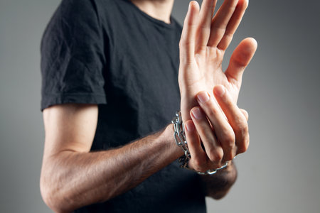 man in handcuffs shows stop on gray background