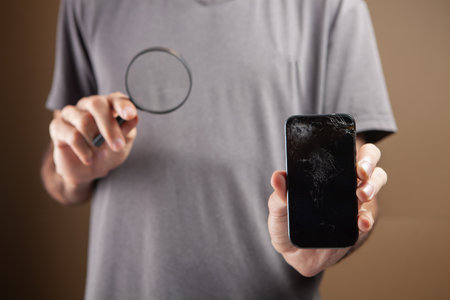 a man holding a broken phone and a magnifying glass. phone repair search concept on brown backgroundの写真素材