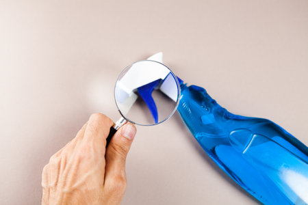 magnifier and detergent on the tableの写真素材