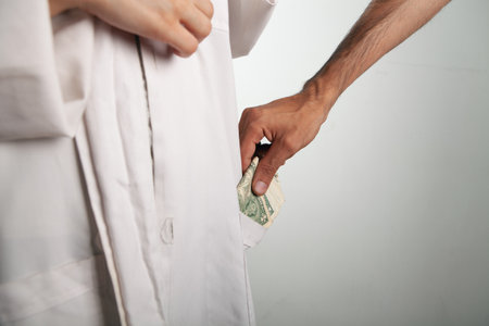 a man puts money in a doctor's pocket