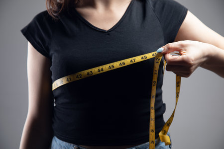 young woman measures her bust with a measuring tapeの写真素材