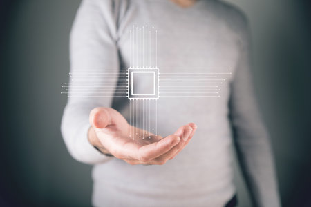 motherboard. man holding open palmsの写真素材