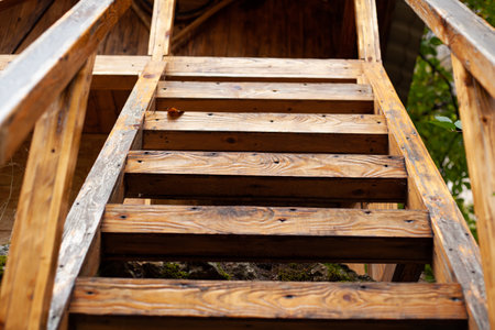 wooden stairs go up to the houseの写真素材