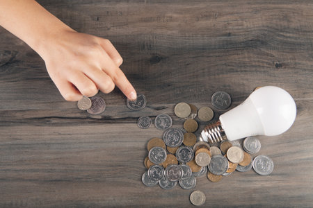 a woman counts coins and there is a light bulb on the table