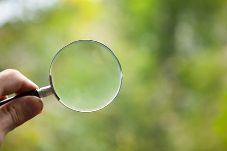 hand holding a magnifying glass on the background of natureの写真素材