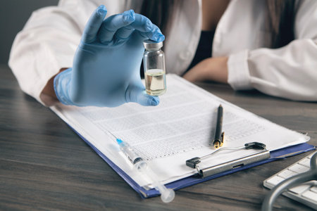 the doctor holds the vaccine at the tableの写真素材