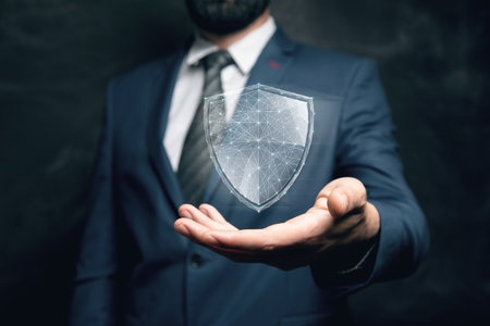 virtual shield from the network. cyber security concept. man holding in his handの写真素材
