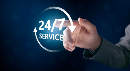 24/7 service icon. support. clicks on the screen