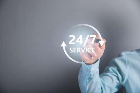 24/7 service icon. support. clicks on the screen