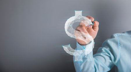 virtual dollar icon from web. man drawing with a markerの写真素材