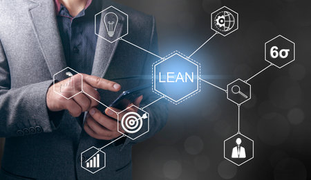 on the LEAN screen. Man tapping on the screenの写真素材