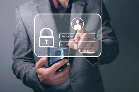panel for entering login and password. man tapping on the screen