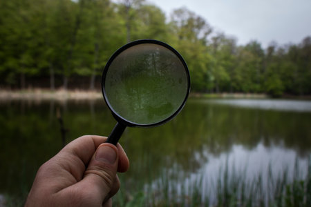 magnifying glass on the background of the lake and the forest