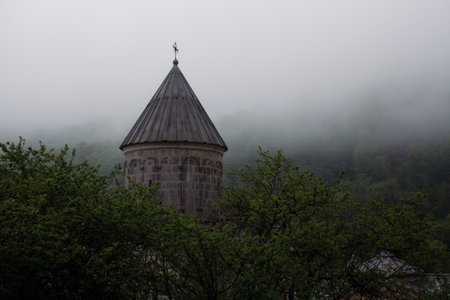 church in the forest during fog