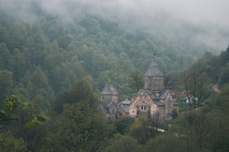 church in the forest during fogの写真素材