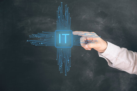 Information technology in the motherboard. Man tapping on the screenの写真素材