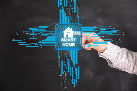 Smart home in the motherboard. Man tapping on the screen