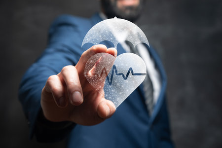 Heart and umbrella. Health insurance concept. Man tapping on the screenの写真素材