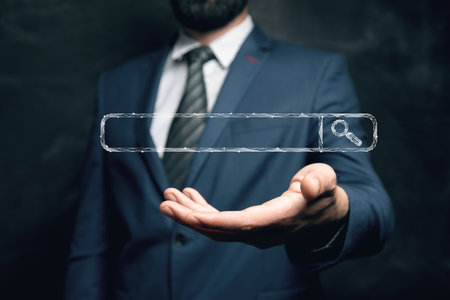 Search string with a magnifying glass from the web. Man holding in his hand
