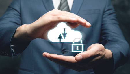 network cloud with padlock. No access. man tapping on the screen