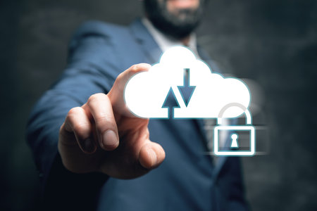 network cloud with padlock. No access. man tapping on the screenの写真素材