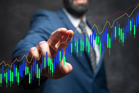 Growing Candlestick Chart. Man tapping on the screenの写真素材