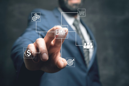 ERP Enterprise resources planning system software business technology. Man tapping on the screenの写真素材