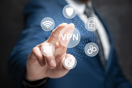 VPN and icons on the screen. Man tapping on the screenの写真素材