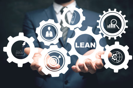 Lean manufacturing DMAIC Six technology concept. In gears. Man holding in his handの写真素材