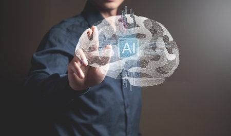 Artificial intelligence in the brain. Men clicks on the screenの写真素材