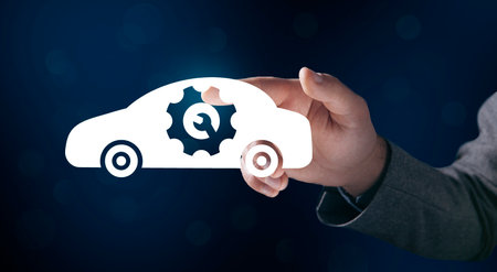Car repair and fix icon. Man tapping on the screen