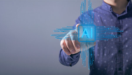 artificial intelligence concept. artificial intelligence and motherboard. man click on the screenの写真素材